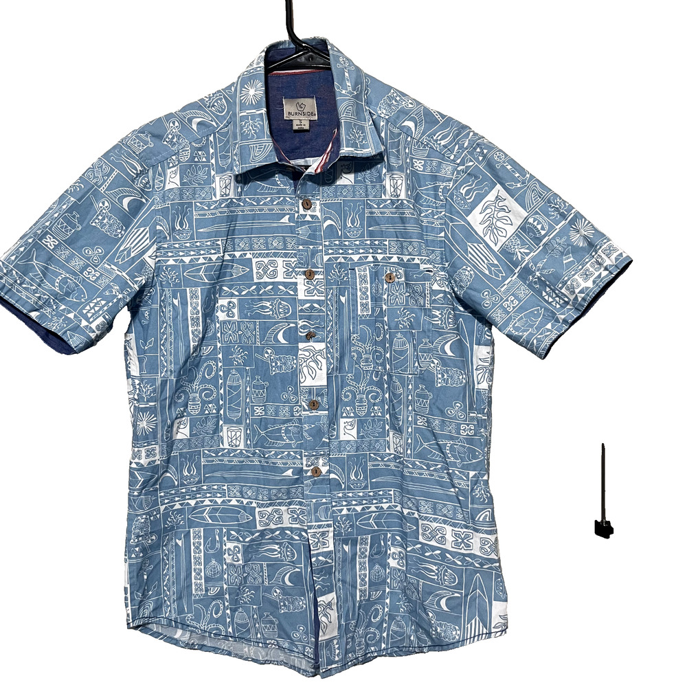Burnside Button up Casual Shirt sz S Short Sleeve Blue Beach Fish Tropical Tiki